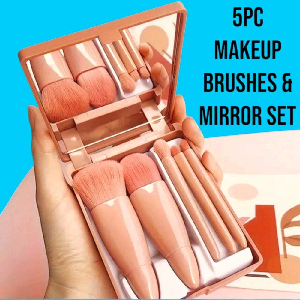 5 Pc Mini Travel Makeup Brush & Mirror Set - New